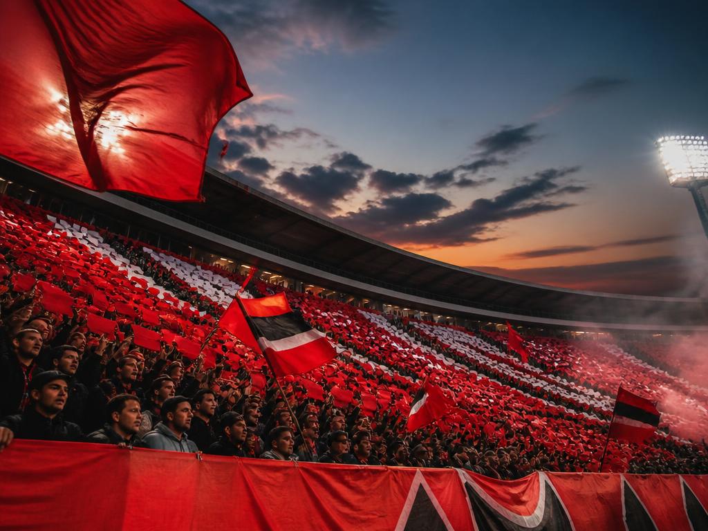 Volle Kurve im Stadion mit roten Fahnen und Choreo